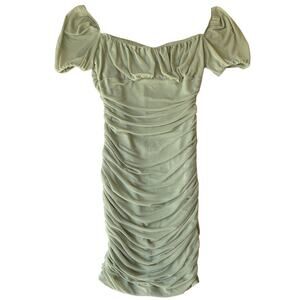 NAANAA Women Dress US 2 Green Sage Mini Abbie Bodycon Ruched Short Puff Sleeve